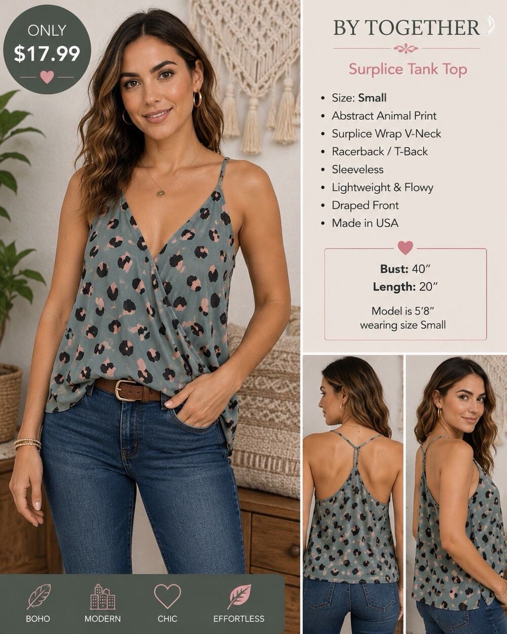 By Together Women’s Small Abstract Leopard Print Surplice Racerback Tank Top USA